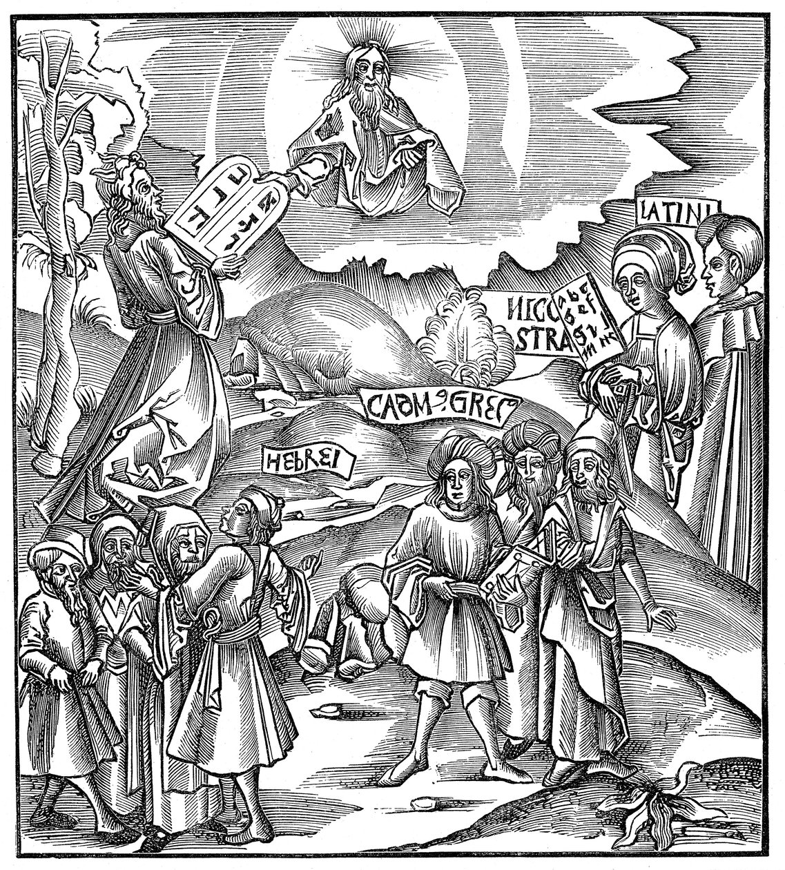 Språk: Moses tar emot lagens tavlor från Gud på hebreiska, 1512 av Unbekannt