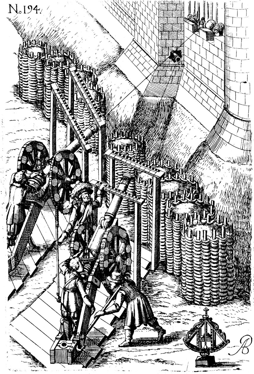 Lägger belägringskanon på mål, från Le diverse et artificiose machine, 1620 av Unbekannt