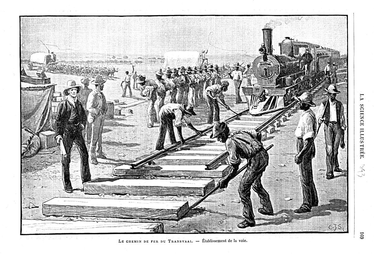 Att lägga slipers och räls permanent på Transvaal Railway, Sydafrika, 1893 av Unbekannt
