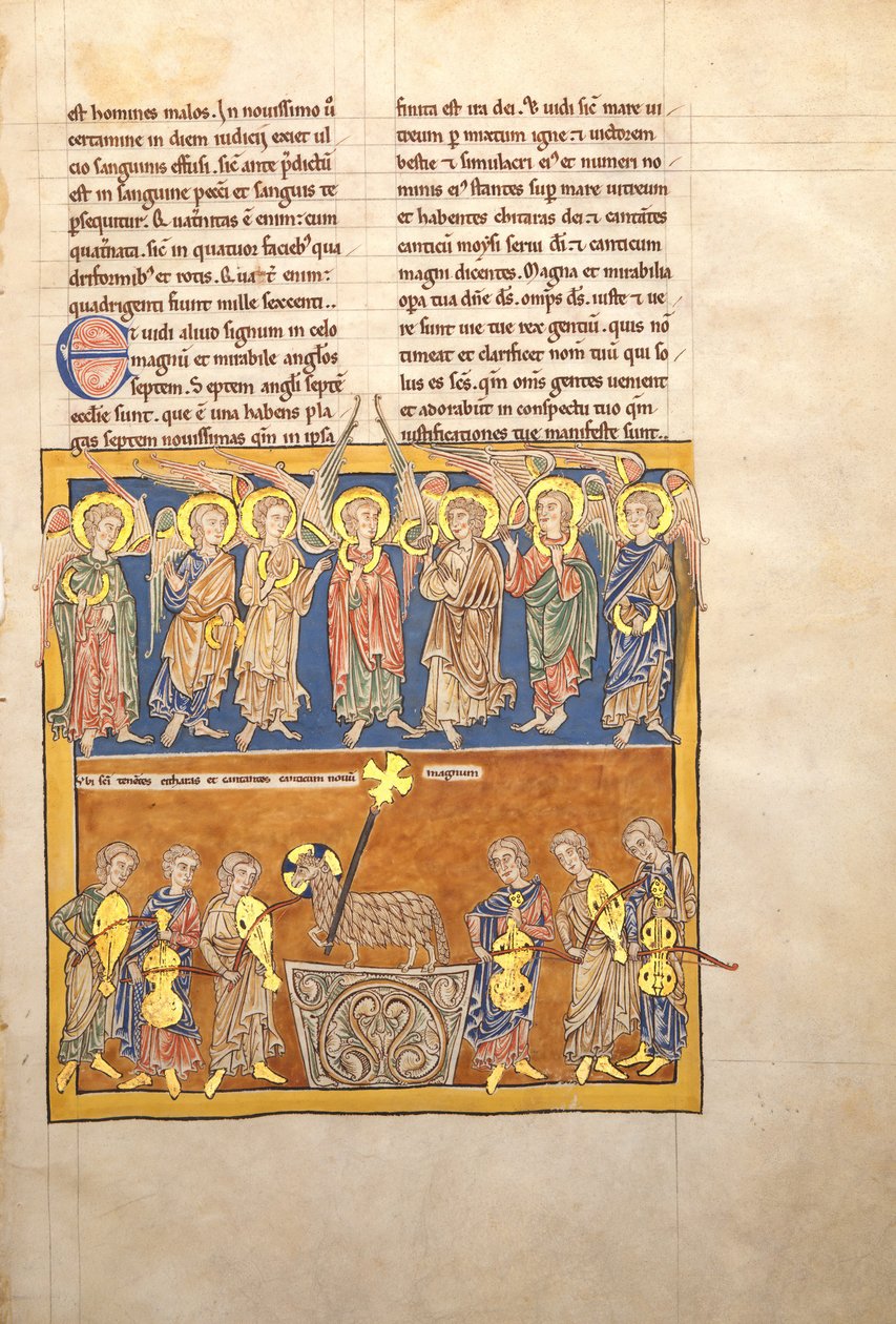 Blad från ett Beatus-manuskript: Sju änglar håller de sju sista plågornas bägare..., ca. 1180. av Unbekannt