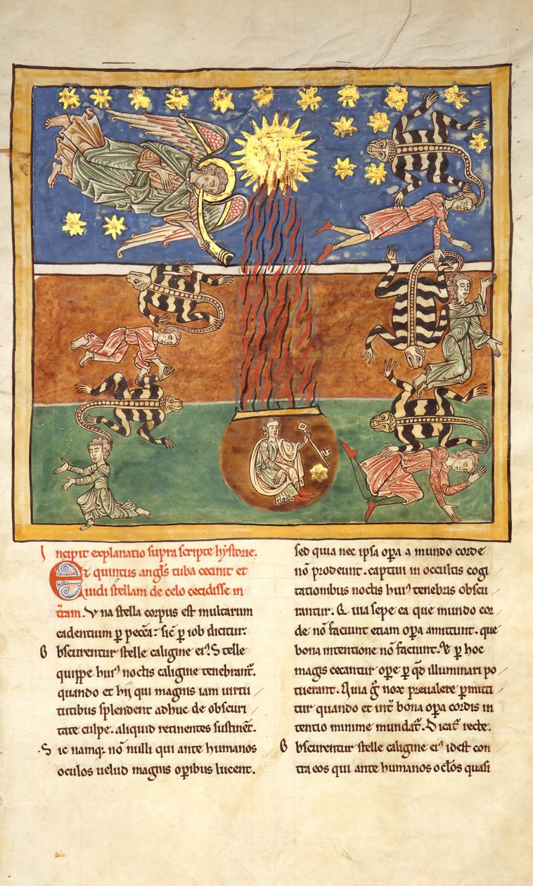 Blad från ett Beatus-manuskript: vid Clarion of the Fifth Angels Trumpet..., ca. 1180. av Unbekannt