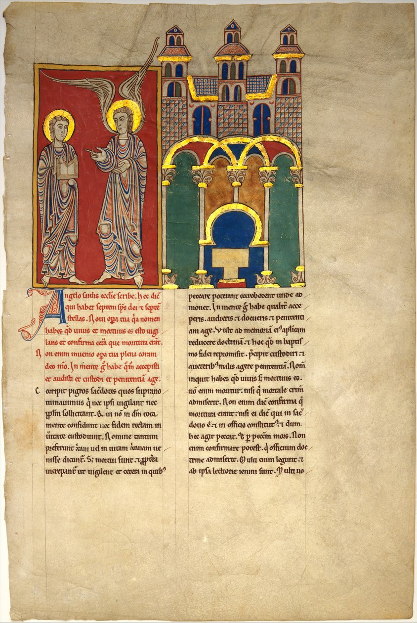 Blad från ett Beatusmanuskript: Sardeskyrkans ängel med Johannes, ca. 1180. av Unbekannt