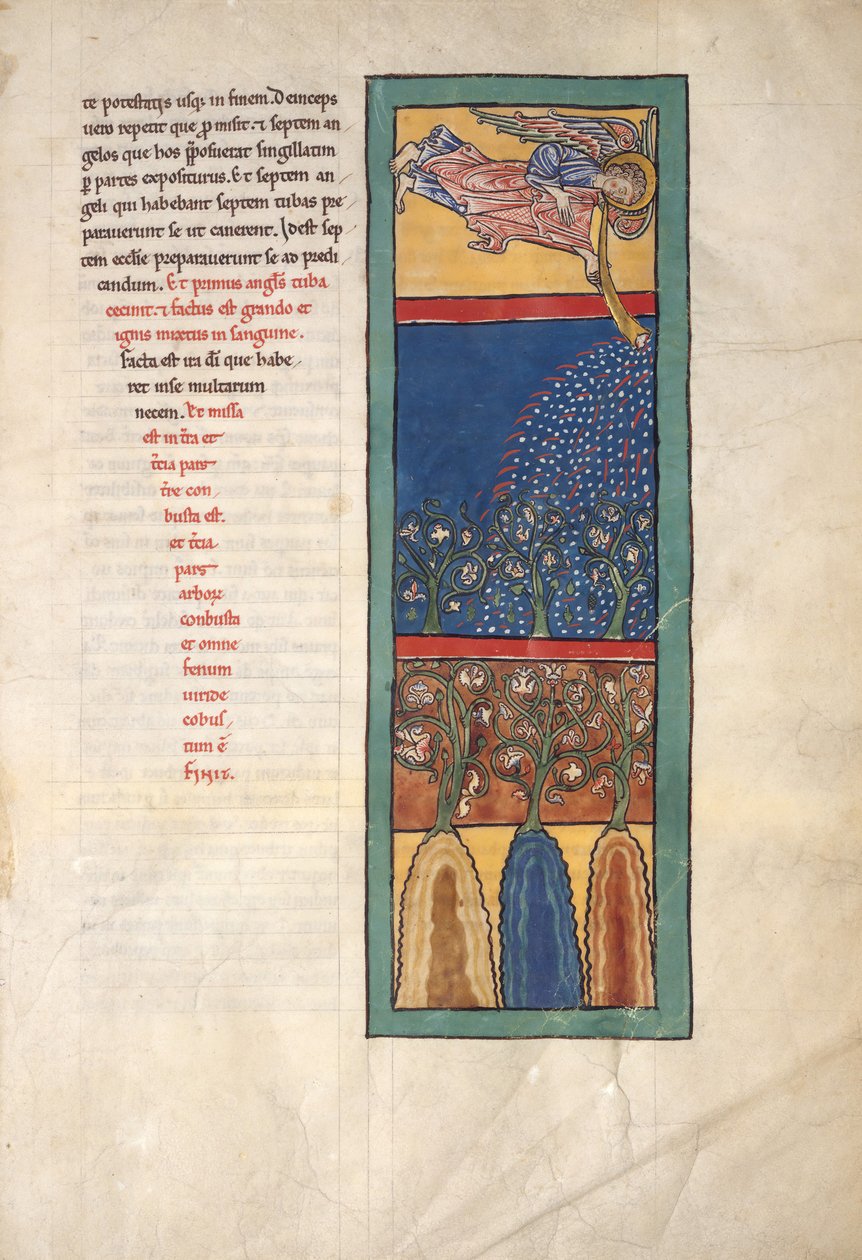 Blad från ett Beatus-manuskript: den första ängeln låter trumpeten..., ca. 1180. av Unbekannt