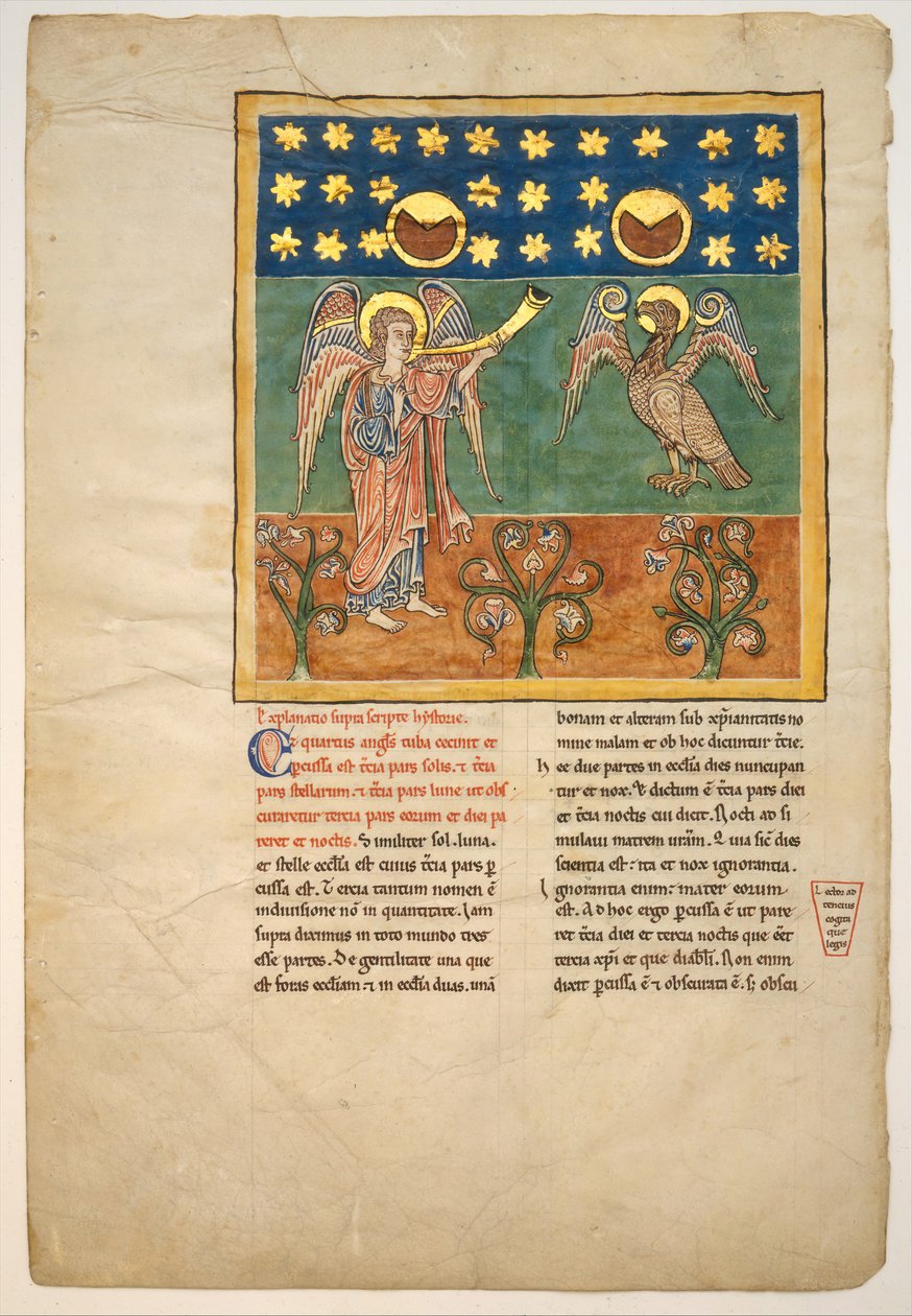 Blad från ett Beatus-manuskript: den fjärde ängeln låter trumpeten och en örn..., ca. 1180. av Unbekannt