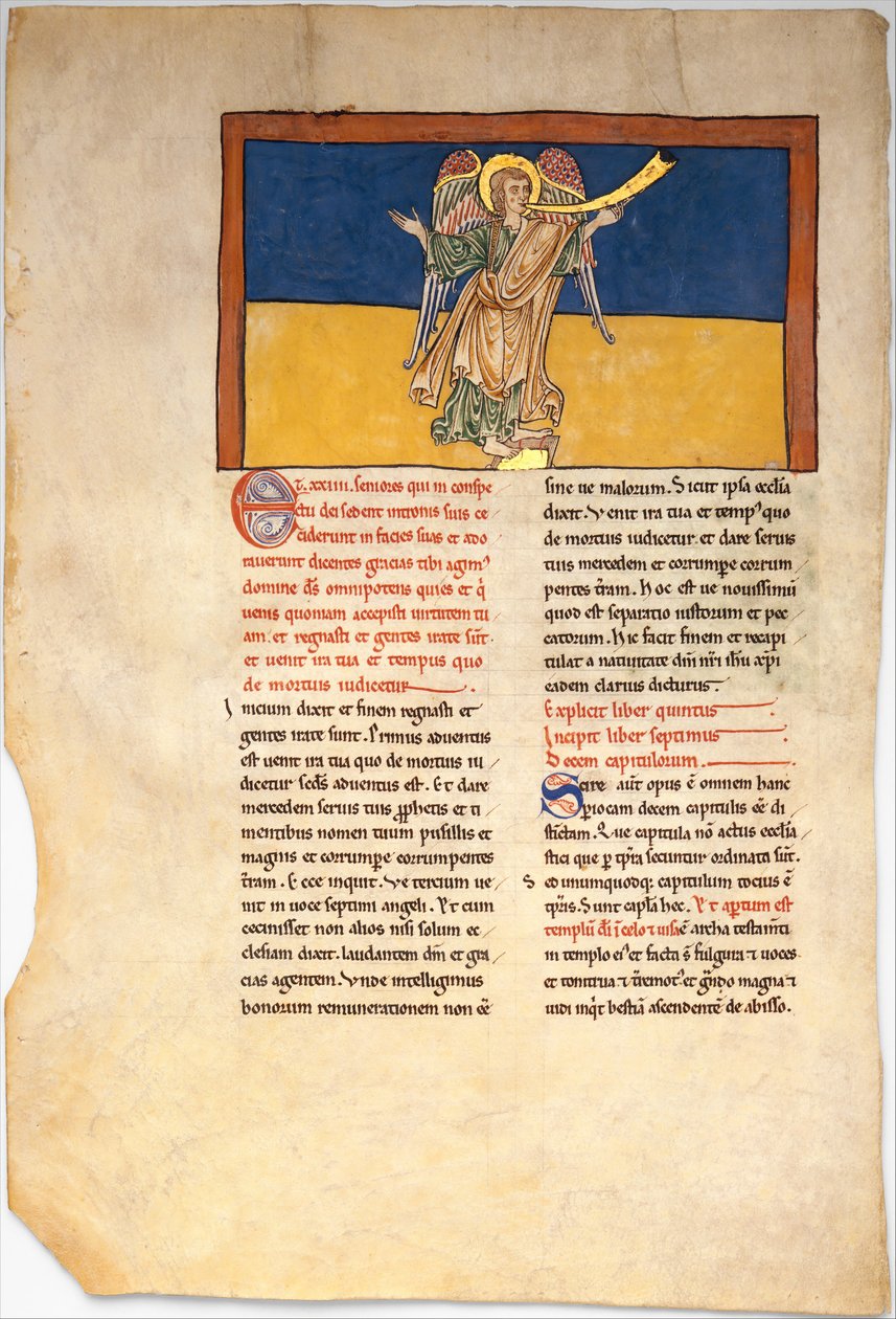 Blad från ett Beatusmanuskript: den sjunde ängeln förkunnar Herrens välde, ca. 1180. av Unbekannt