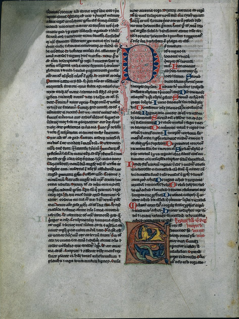 Blad från en bibel: Initial E: Entwined Lions and Serpents 1 av 2 utskurna löv, ca. 1225-50. av Unbekannt
