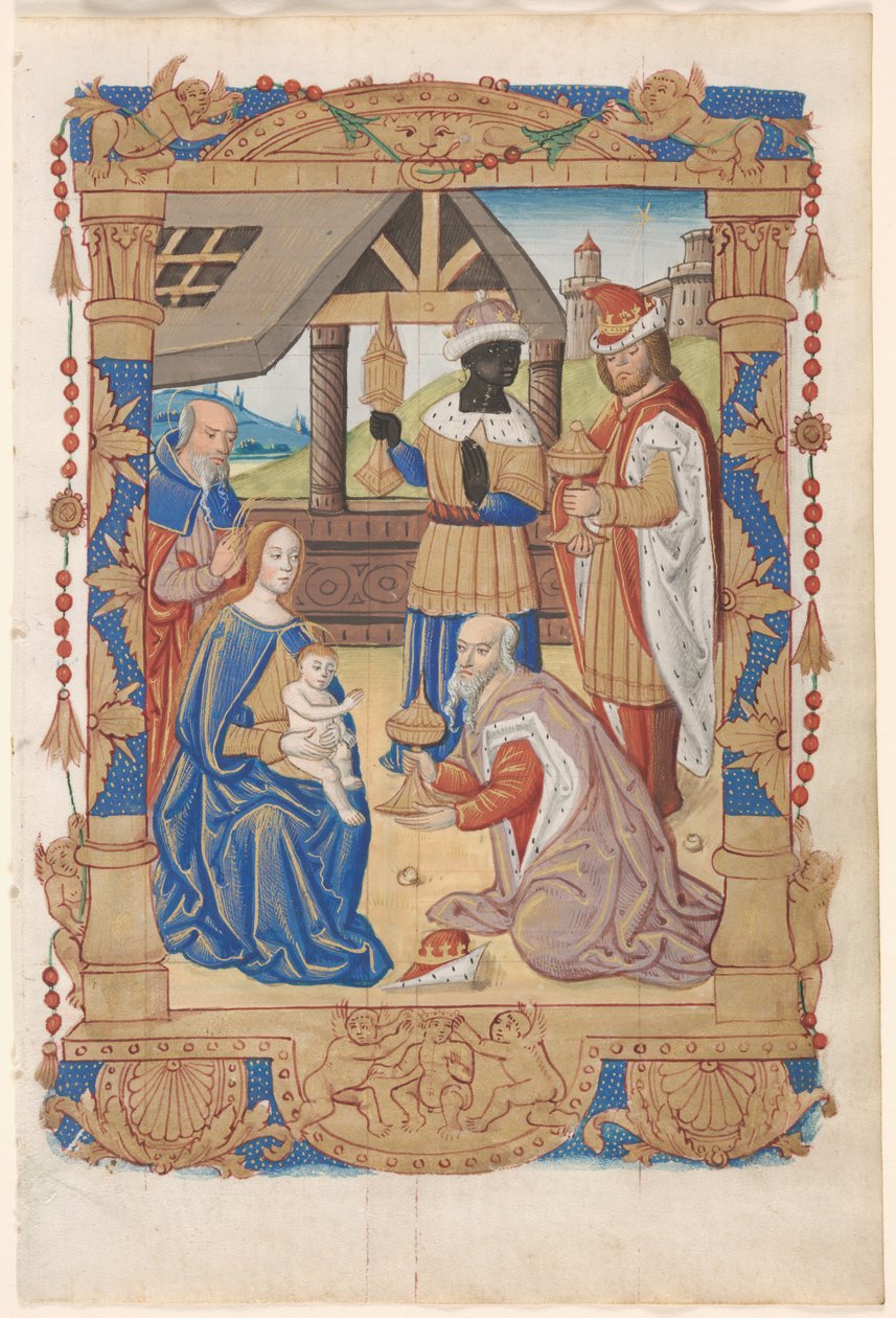 Leaf from a Book of Hours: Adoration of the Magi recto and Text with Illustrated Border verso... av Unbekannt