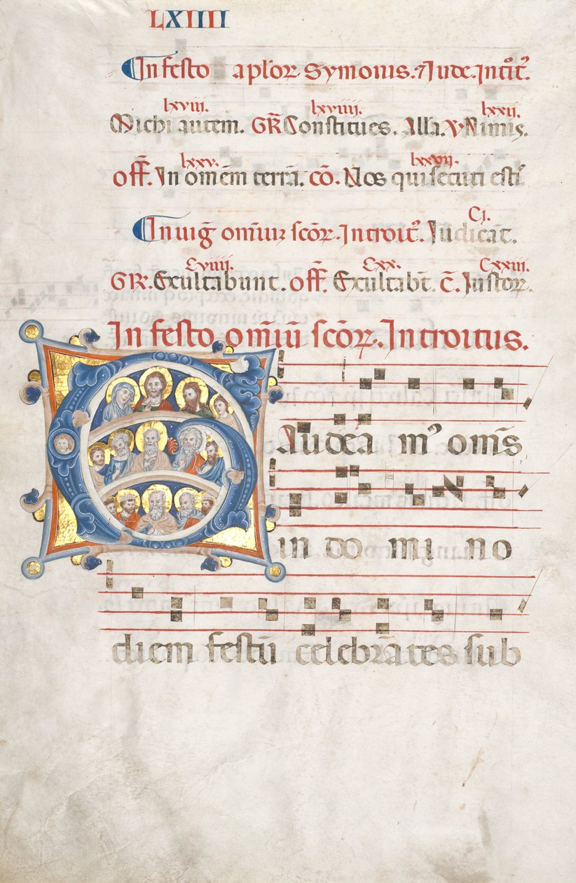 Blad från en gradvis: Inledande G med Kristus, jungfrun och apostlarna, ca. 1300. av Unbekannt
