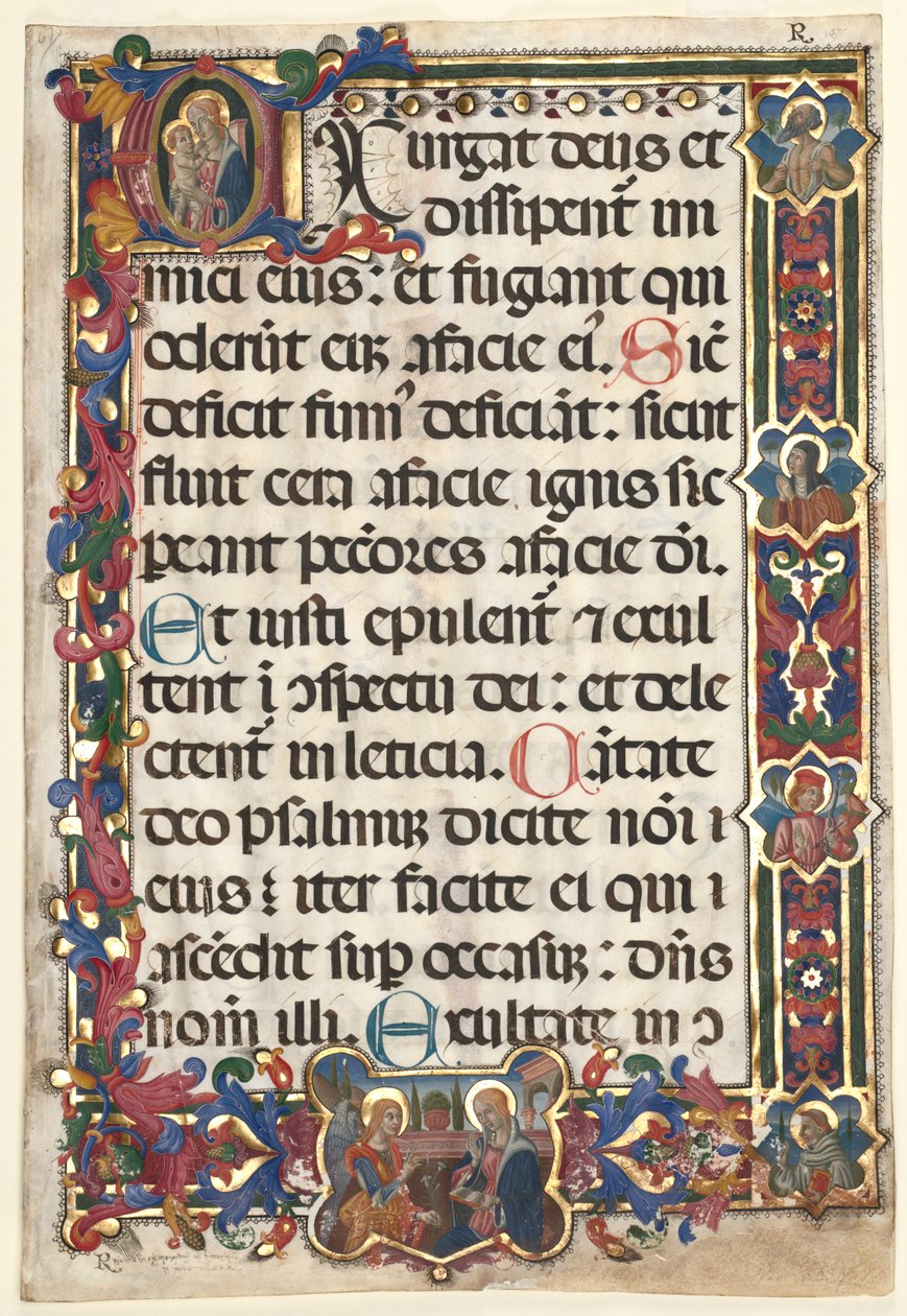 Blad från en psalter med full kant med medaljongbebådelse, SS. Jerome, Clare..., 1475. av Unbekannt