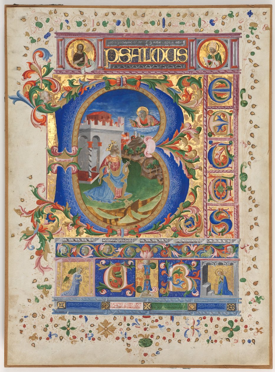 Blad från en psalter med historisk initial B: Kung David, ca. 1450. av Unbekannt