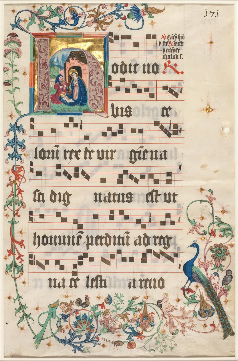 Leaf from an Antiphonary: Initial H med Nativity recto och Text verso, ca. 1480. av Unbekannt