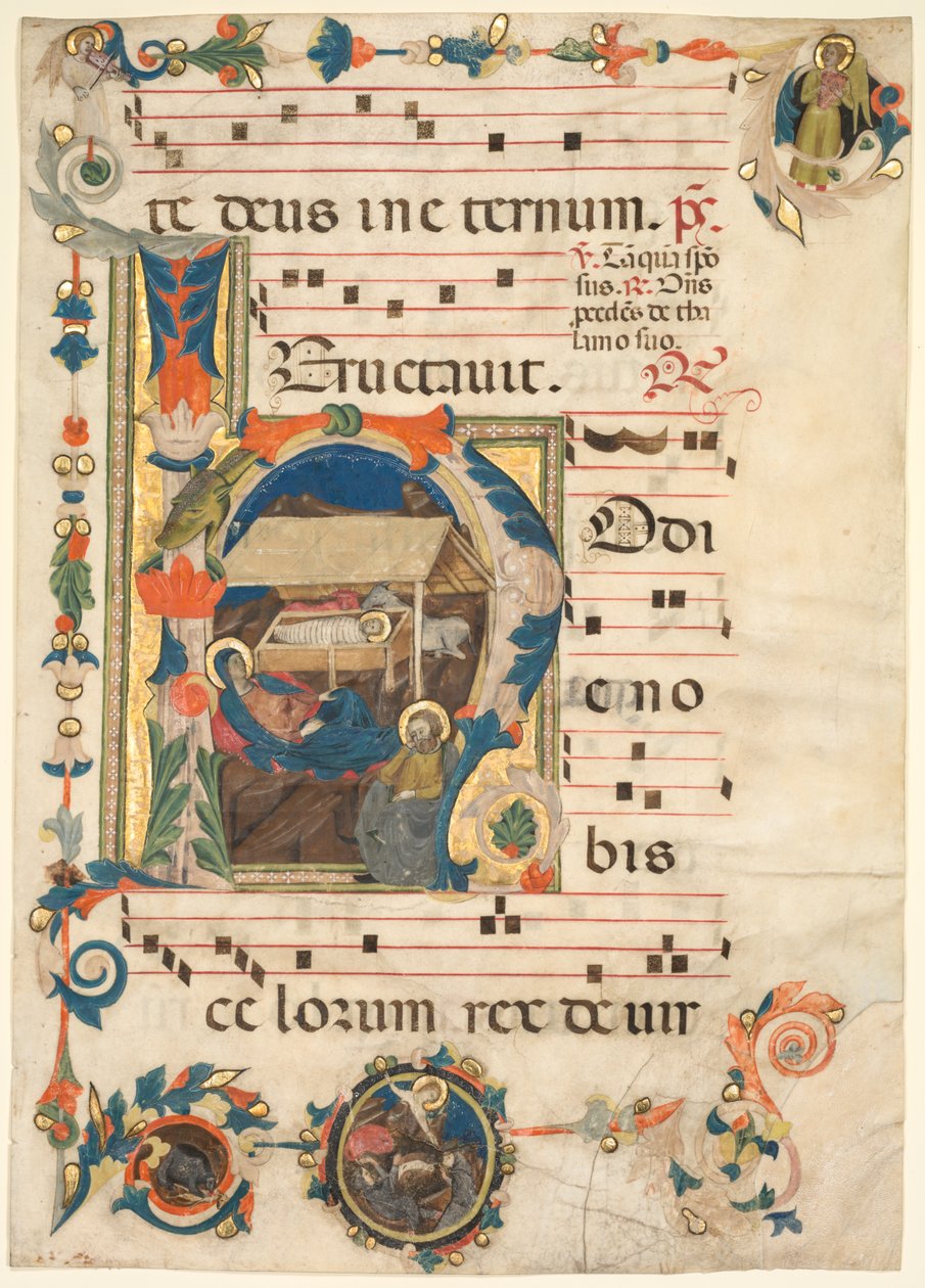 Blad från ett antifonarium med historisk initial H med The Nativity recto, tidigt 1300-tal. av Unbekannt