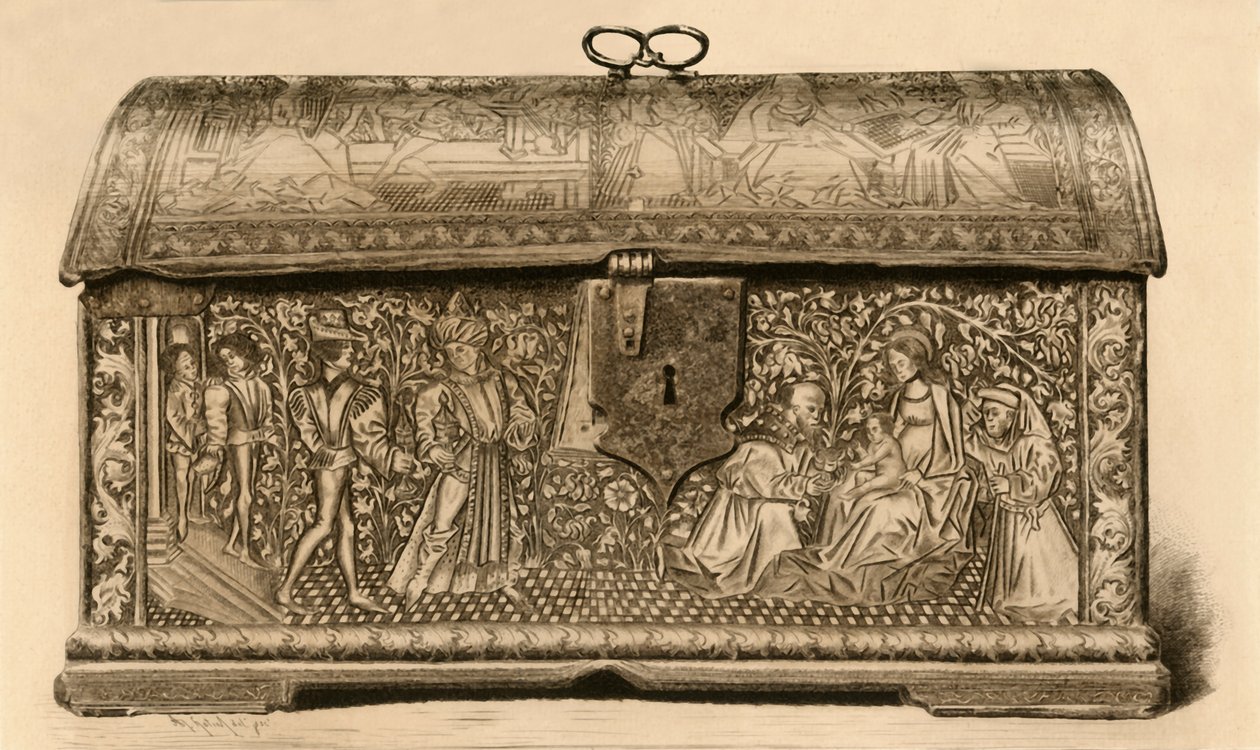 Skinnkista med inskuren dekor, 1400-talet, 1903. av Unbekannt