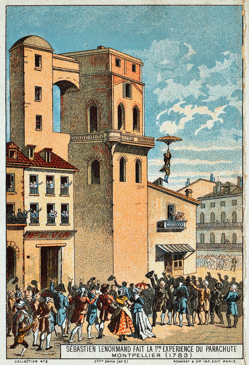 Lenormand hoppar från tornet på Montpellier-observatoriet, 1783, 1800-talet av Unbekannt
