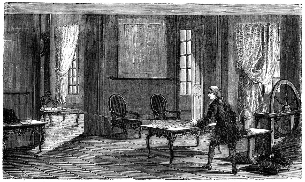 Lesage experimenterar med den första elektriska telegrafen, Genève, 1774 1876 av Unbekannt