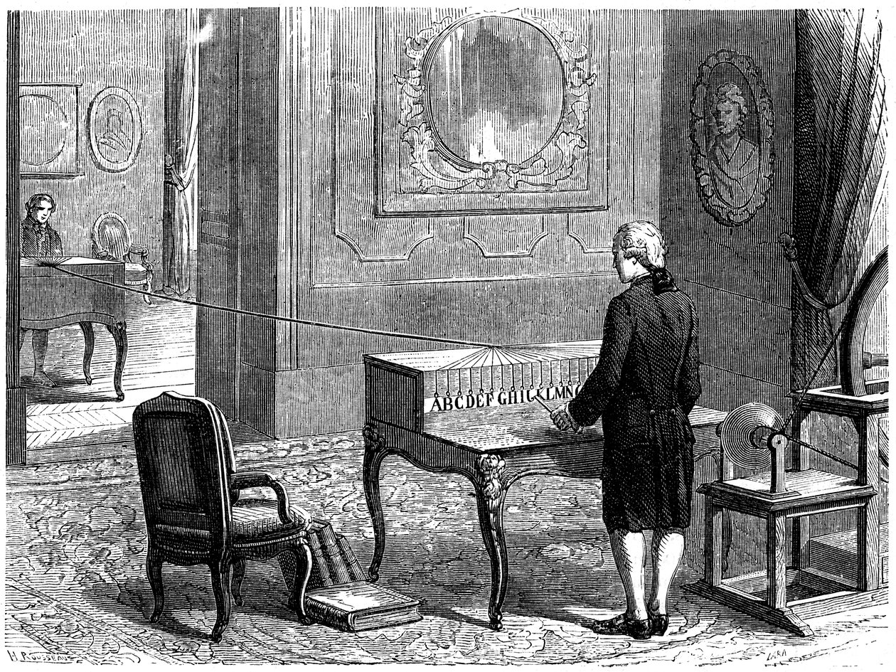 Lesage experimenterar med den första elektriska telegrafen, Genève, 1774 c1870 av Unbekannt