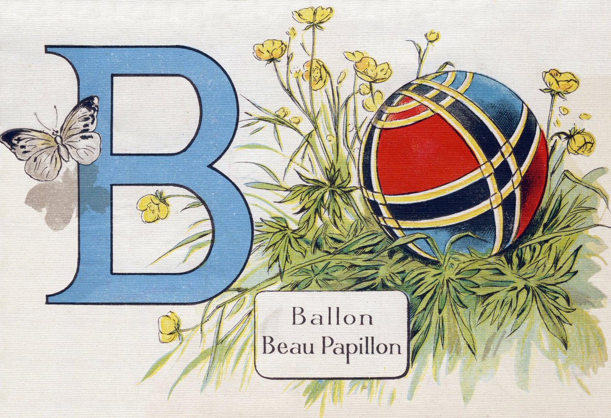 Bokstav B: Ballong och vacker fjäril. Gravyr i "ABC L