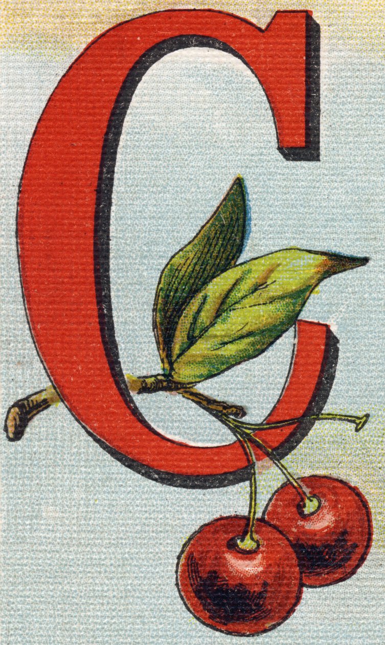 Bokstaven C: körsbär. Gravyr i "Alphabet de ma petite fille". Bernardin-Bechet och Fils, bokhandlare-förlag, Paris, omkring 1895. Okrossbart album på duk. Bibliotheque des Bebes. 12 sidor. Album innehållande en läsmetod och en illustrativ abece av Unbekannt
