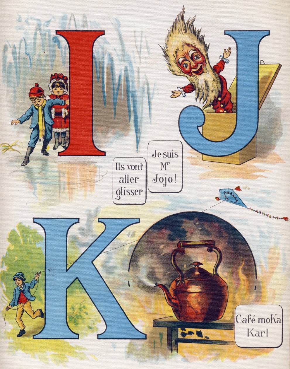 Bokstav I, J och K: De ska glida, jag är herr Jojo och caféet Moka Karl. Gravyr i "ABC L