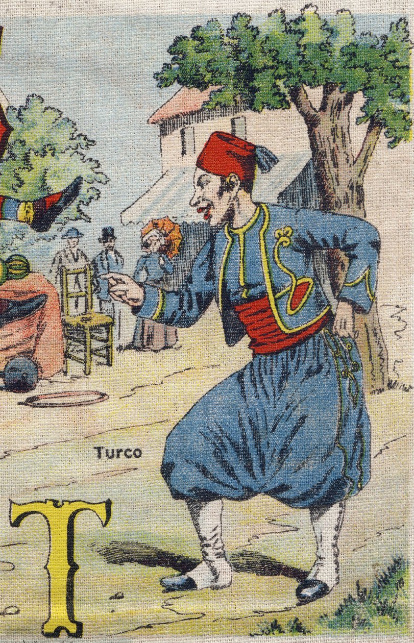 Bokstaven T: Turco . Drolatic album. Serie nummer 4 i Albums-chromo på duk. Kromolitografier på vävnad. Avbildning av Marcel Vagne, Jarville-Nancy, tidigt 1900-tal. Mått: 25x17,5 cm av Unbekannt