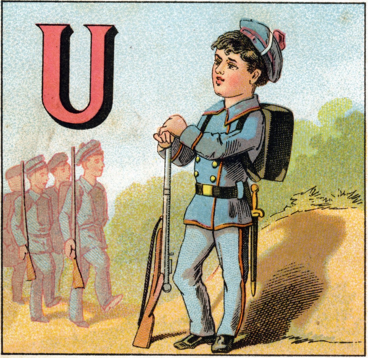 Bokstaven U som uniform. Skolpojke i militärdräkt med ett gevär. Gravyr i "Alphabet des petits ecoliers". Avbildning av Epinal, cirka 1885. Privee Collection av Unbekannt