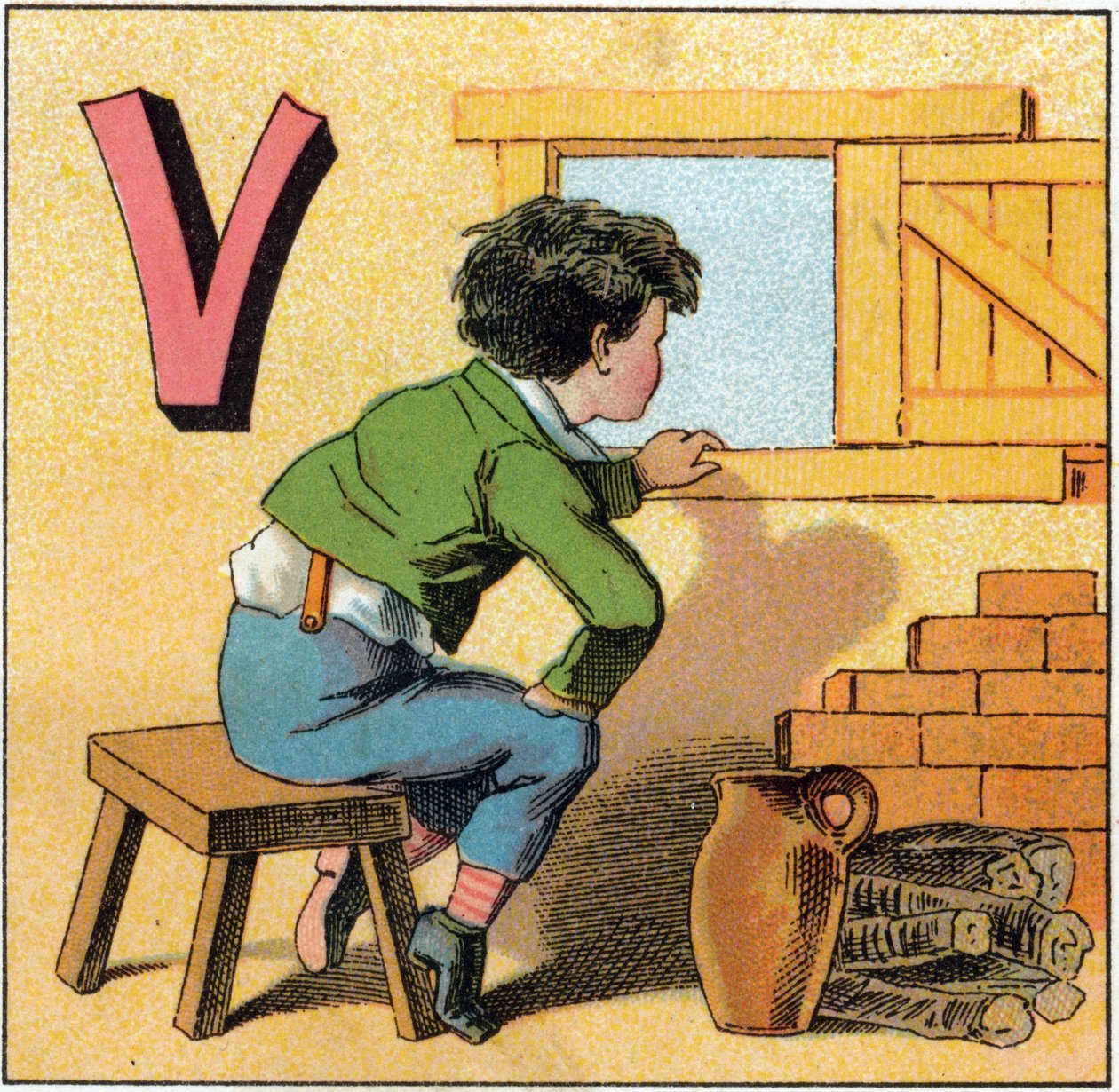 Bokstaven V som vasistas. Nyfiket barn tittar ut genom ett fönster. Gravyr i "Alphabet des petits ecoliers". Avbildning av Epinal, cirka 1885. Privee Collection av Unbekannt