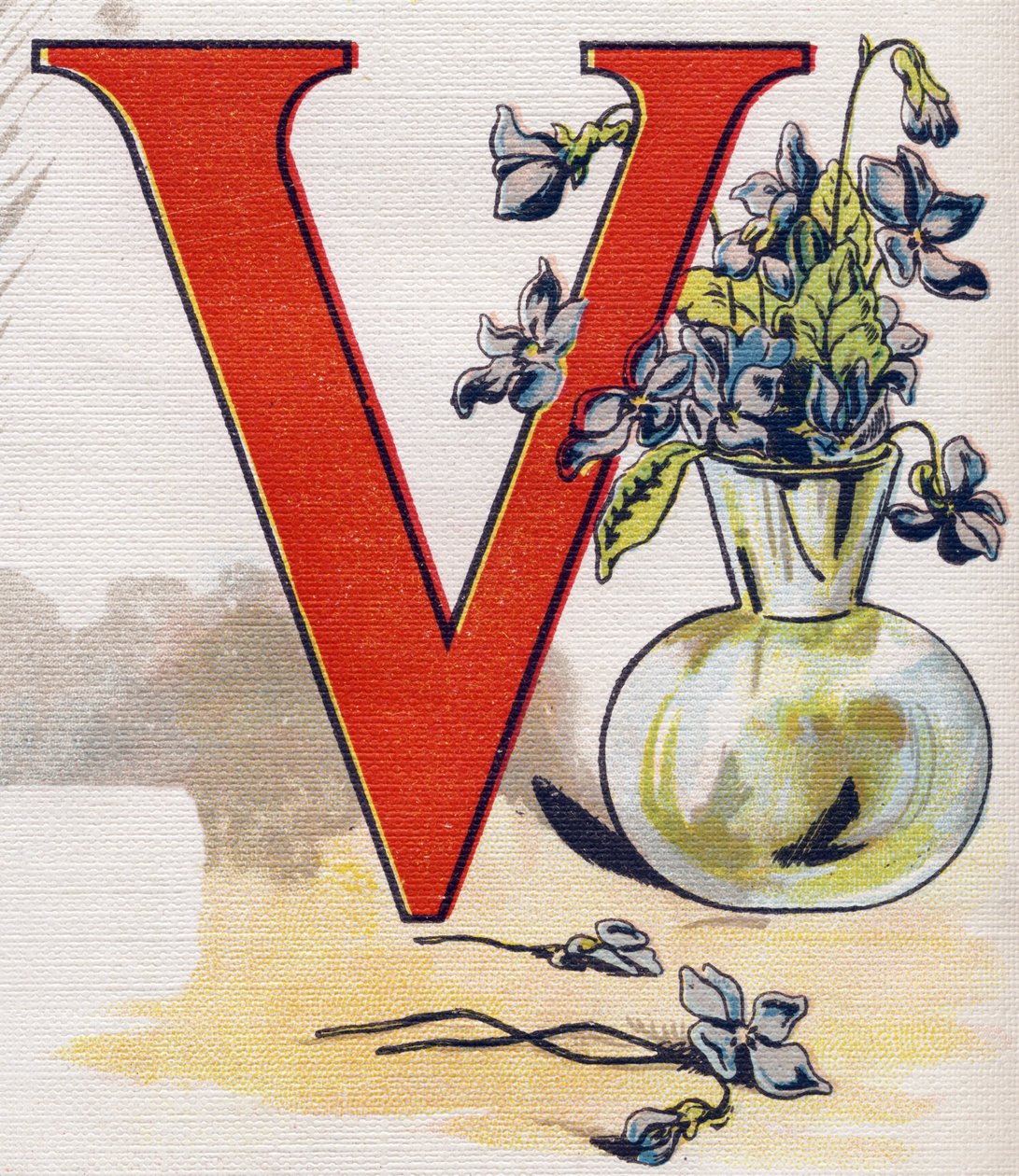 Bokstaven V: vas med violer. Gravyr i "ABC L