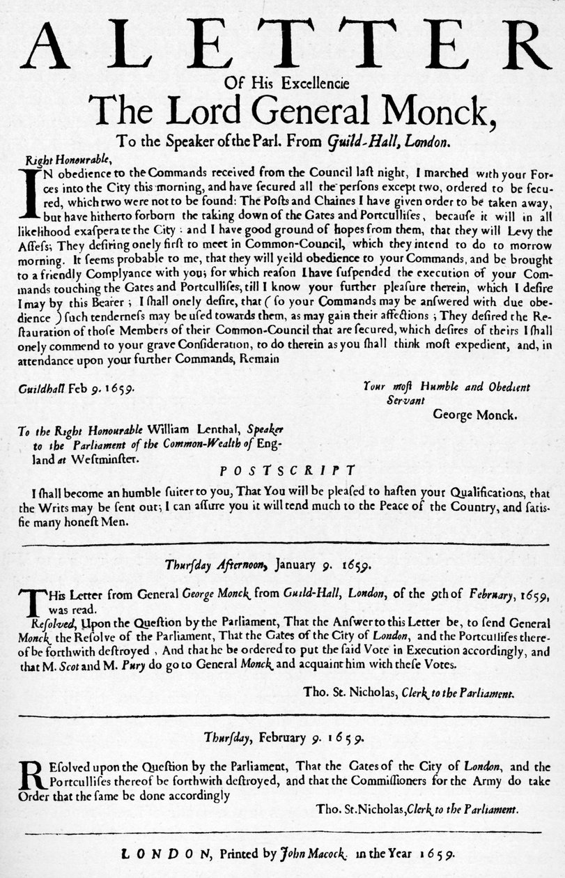 Brev från general Monck till talmannen för underhuset, 1659 1903 av Unbekannt
