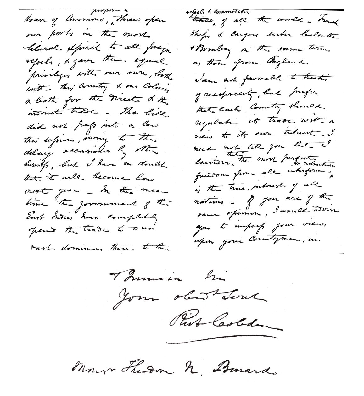 Brev från Richard Cobden till Theodore Benard om vikten av frihandel mellan alla nationer av Unbekannt
