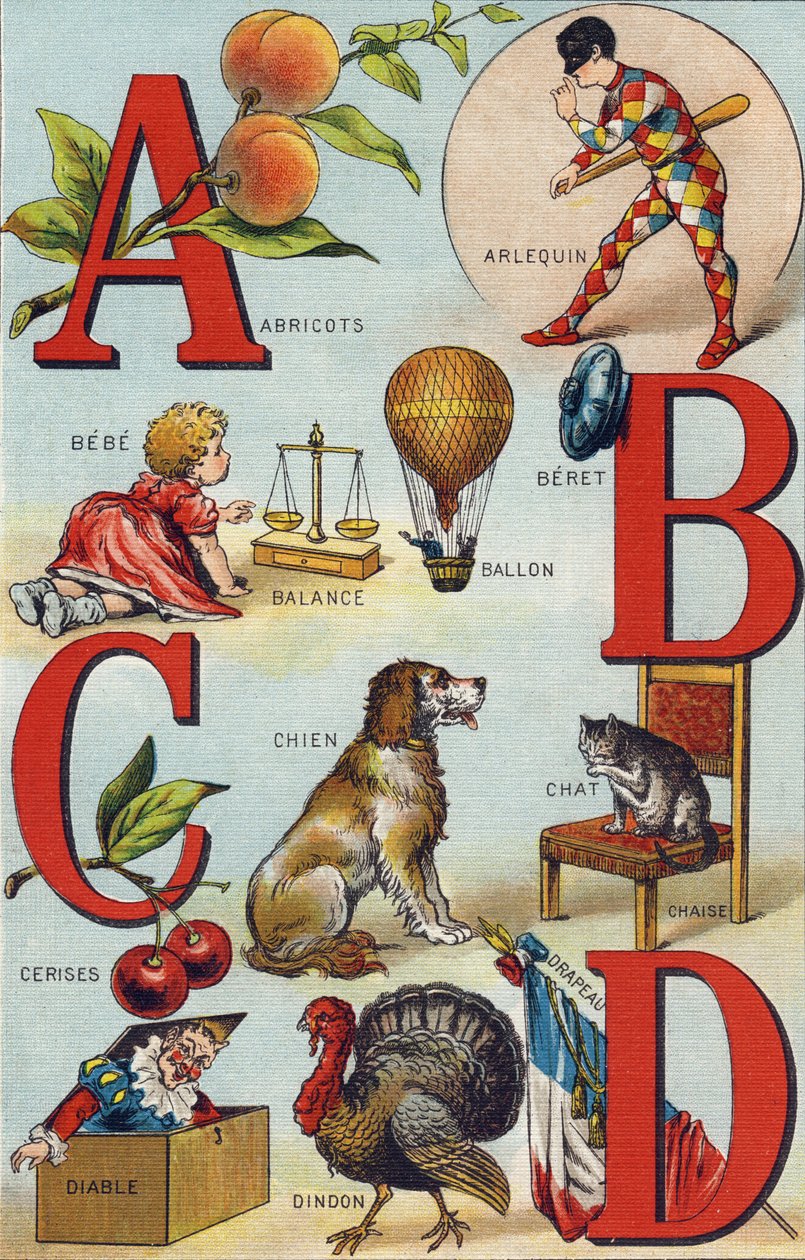 Bokstäverna A B C D; Aprikoser; Harlekin; Balans; Ballong; Bebe; Körsbär; Kattstol; Hund; Filt; Jäkel; Kalkon; Flagga. Gravyr i "Alphabet de ma petite fille". Bernardin-Bechet och Fils, bokhandlare-förlag, Paris, omkring 1895. Okrossbart album på burk av Unbekannt