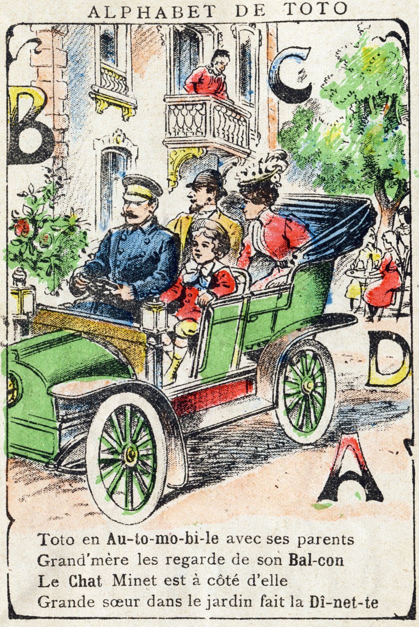 Bokstäver A B C D Bil Balkong Katt Dinette. Gravyr i "Alphabet de Toto", slutet av 1800-talet. Pont-a-Mousson avbildning. Louis Vagne, tryckare-förläggare. 12 sidor. Reklamalbum som innehåller en lysande abecedary och en förenklad läsmetod. Dämpa: av Unbekannt