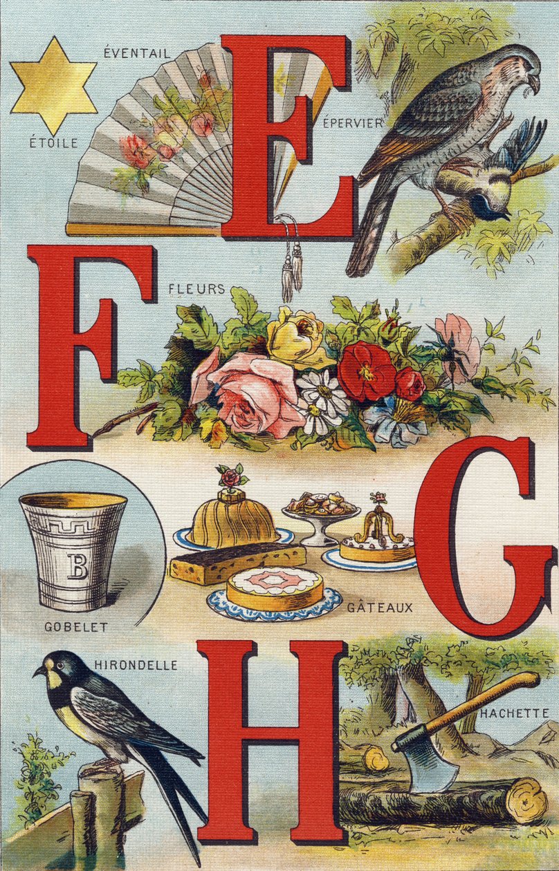 Bokstäverna E F G H; Svälja; Fläkt; Blommor; Kakor; Kopp; Hachette; Svälja. Gravyr i "Alphabet de ma petite fille". Bernardin-Bechet och Fils, bokhandlare-förlag, Paris, omkring 1895. Okrossbart album på duk. Bibliotheque des Bebes. 12 sidor. Album co av Unbekannt