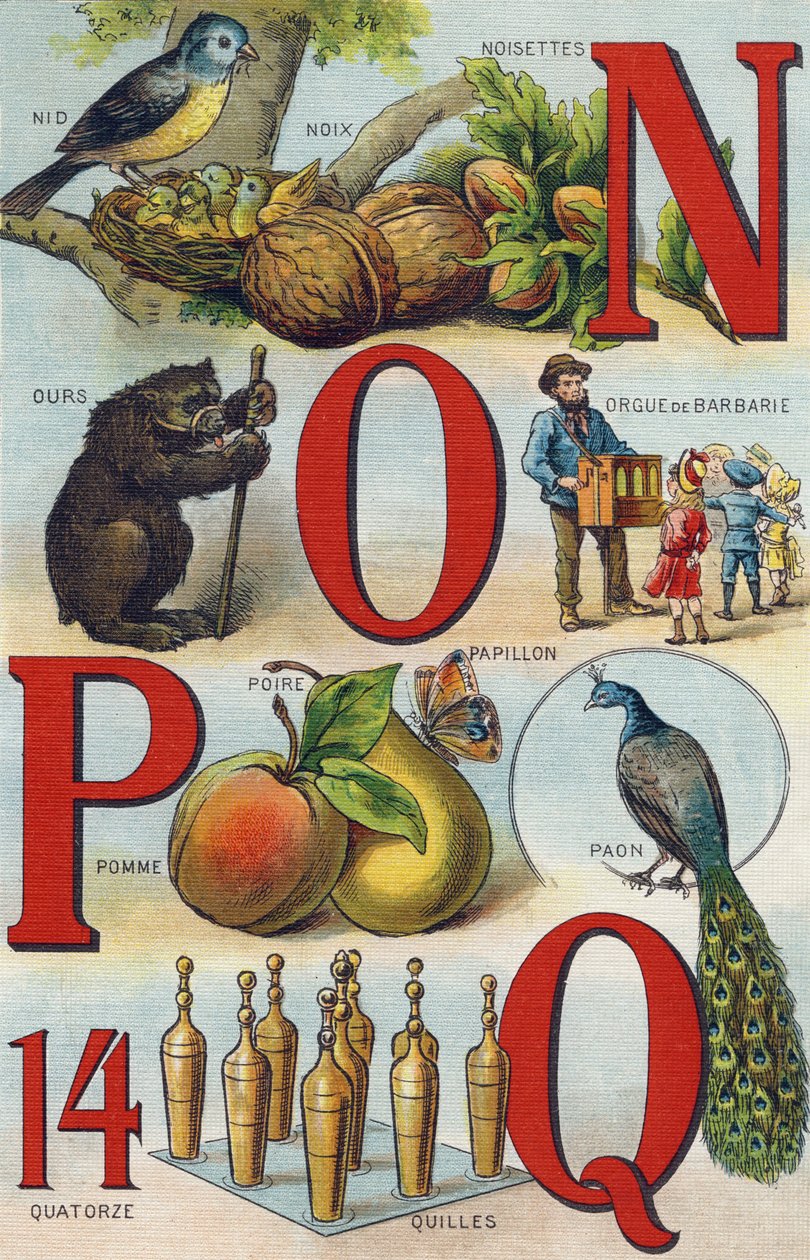 Bokstäver N O P Q; Bo; Hasselnötter; Pickly Organ; Björn; Påfågel; Fjärilsäpplepäron; Skålar. Gravyr i "Alphabet de ma petite fille". Bernardin-Bechet och Fils, bokhandlare-förlag, Paris, omkring 1895. Okrossbart album på duk. Bibliotheque des Bebe av Unbekannt