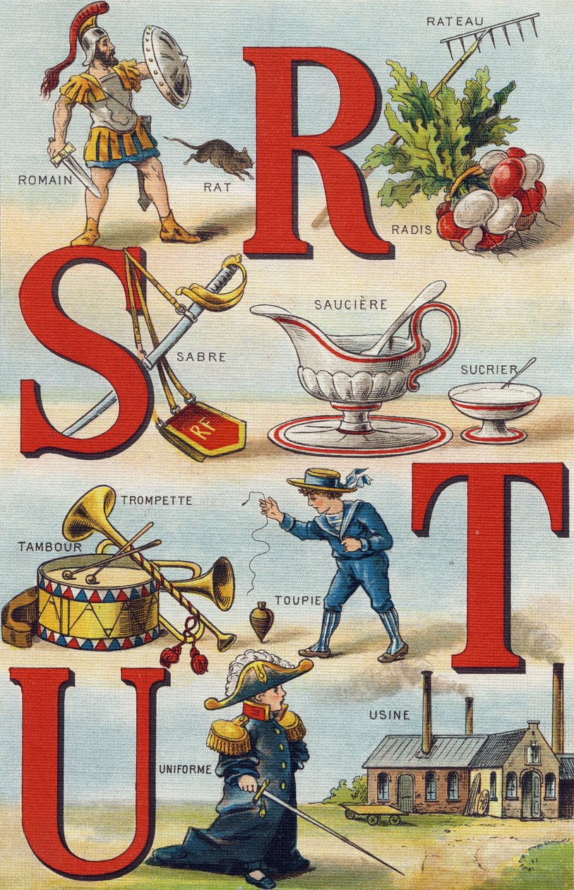 Bokstäver R S T U; Rädisa Rake; romersk; Sabel; Sauciere socker; Trumpettrumma; Topp; Enhetlig; Fabrik. Gravyr i "Alphabet de ma petite fille". Bernardin-Bechet och Fils, bokhandlare-förlag, Paris, omkring 1895. Okrossbart album på duk. Bibliotheque des av Unbekannt