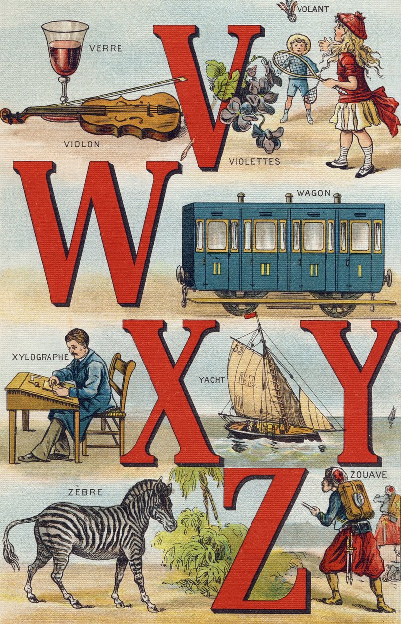 Bokstäverna V W X Y Z; ratt; Bil; Xylograf; Yacht; Zebra; Zouave. Gravyr i "Mitt barnbarns alfabet". Bernardin-Bechet och Fils, bokhandlare-förlag, Paris, omkring 1895. Okrossbart album på duk. Babybibliotek. 12 sidor. Albu av Unbekannt