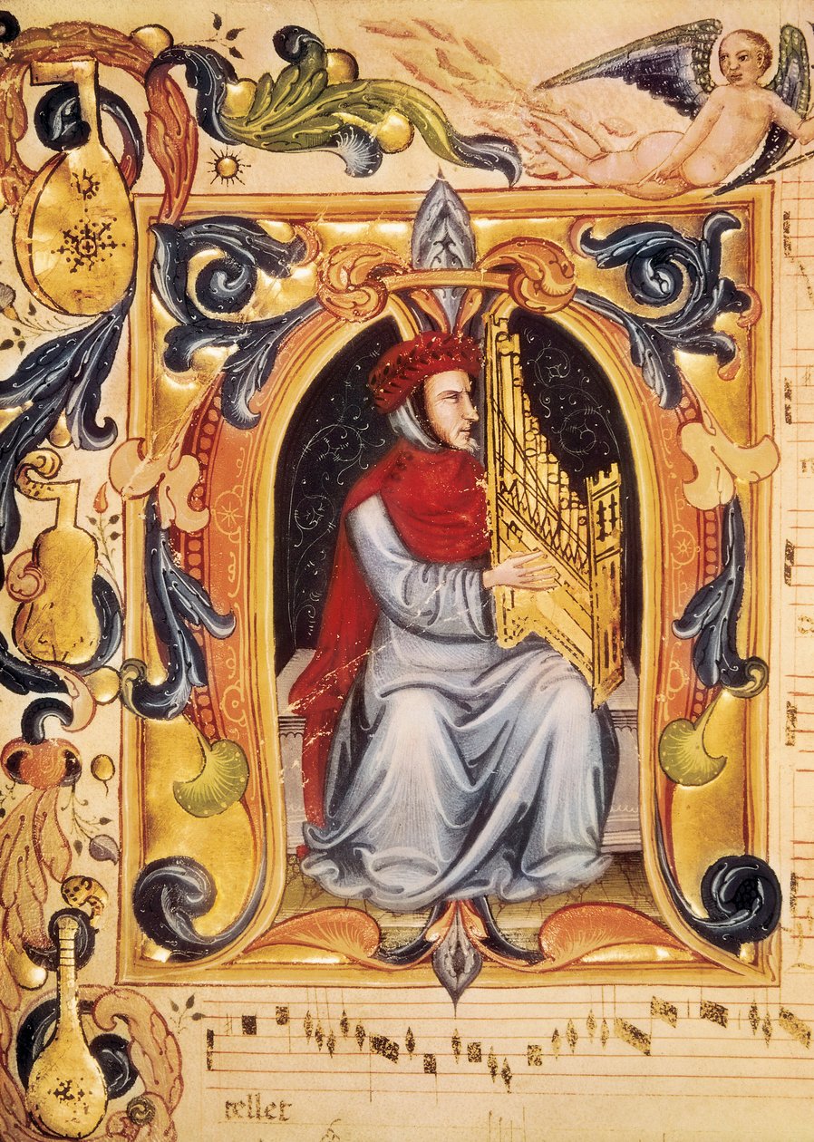 Lettrine med en man och en orgel som börjar ett partitur från Codex Squarcialupi (av Antonio Squarcialupi av Unbekannt