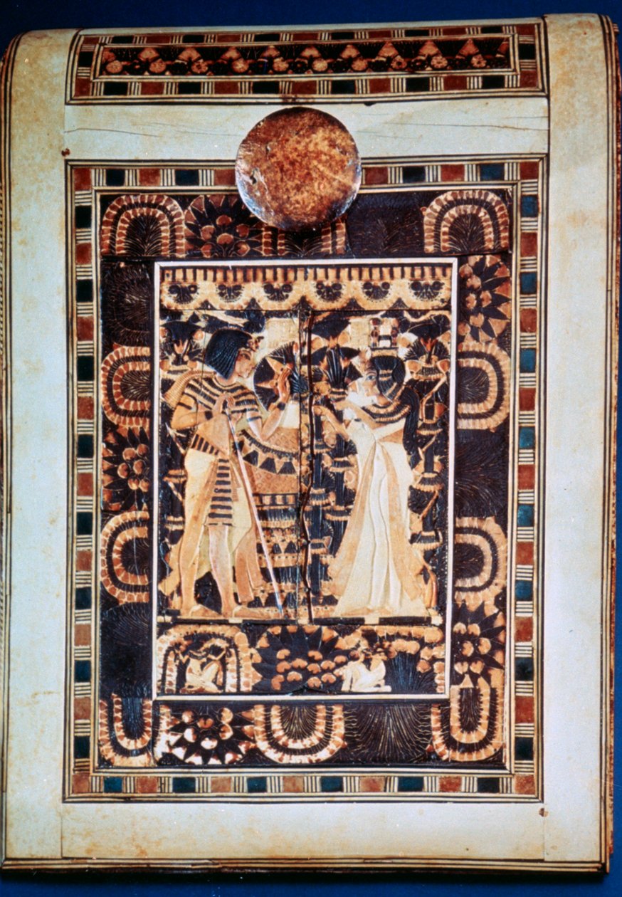 Lock på en kista som visar Tutankhamon och hans fru Ankhesenamun i en trädgård, 1300-talet f.Kr. av Unbekannt