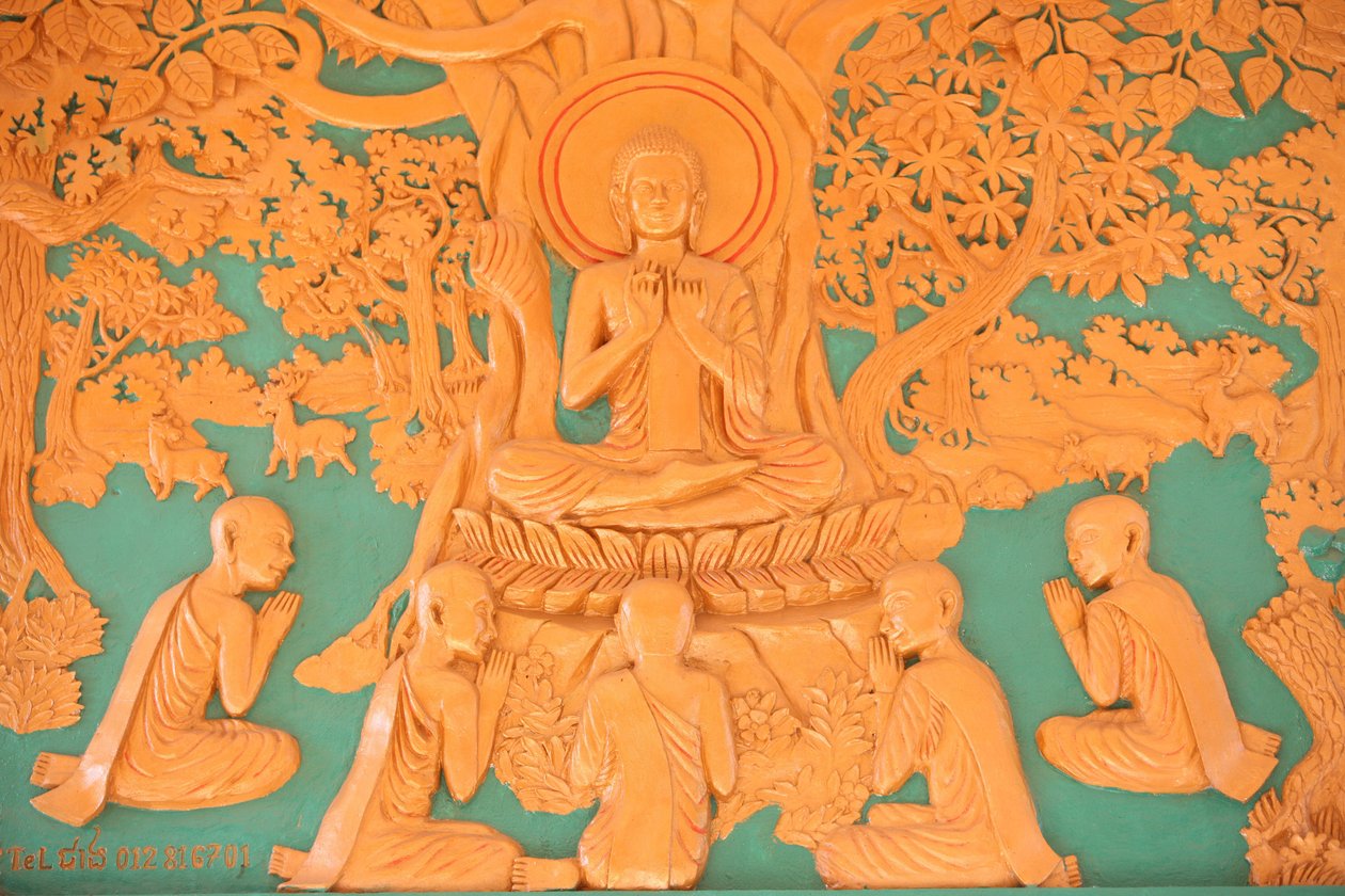 Buddhas liv. Buddha med sina 5 lärjungar i Benares Phnom Penh Kambodja av Unbekannt