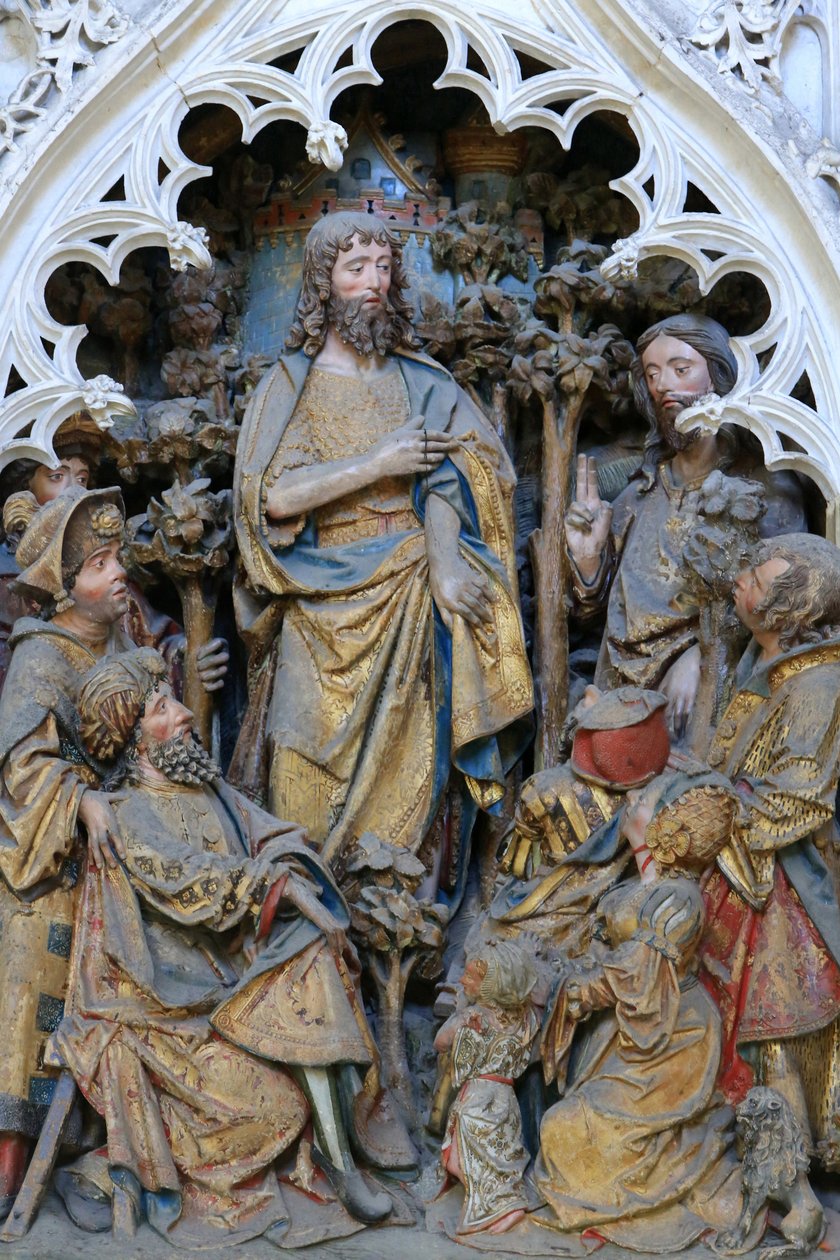 Johannes Döparens liv: ""St. Johannes Döparen som visar Guds ring."" Högrelief av norra ändan av Norra koret (1531). Amiens katedral, Amiens, Frankrike av Unbekannt