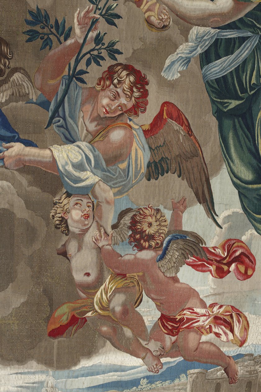 Jungfruns liv: "Jungfruns kröning"" (Jungfruns kröning) Detalj av änglar Gobeläng av ull och siden tillverkad i Pierre Damours verkstad efter teckningar av Charles Poerson (1609-1667) av Unbekannt