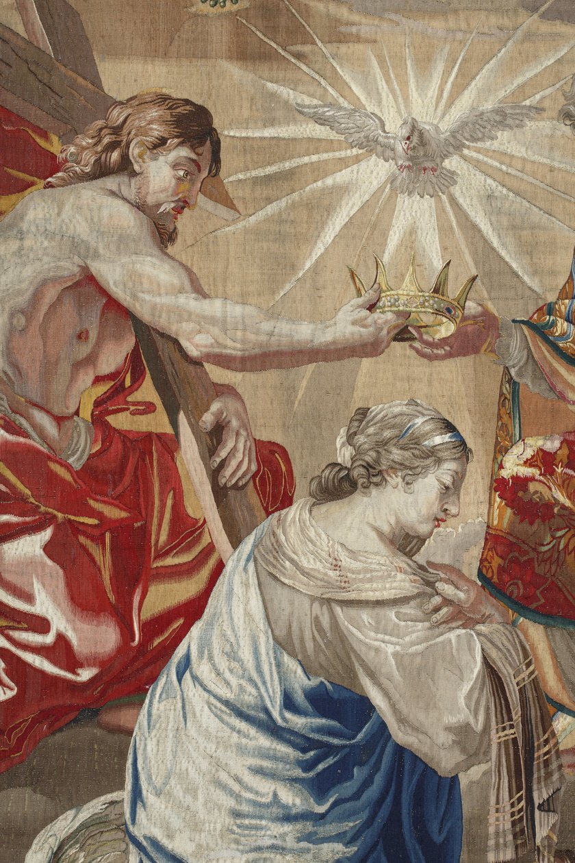 Jungfruns liv: "Jungfruns kröning" Detalj som föreställer Jesus och den helige Andes duva (Helig Ande) ovanför Jungfrun - Gobeläng av ull och siden tillverkad i Pierre Damours verkstad från Charles Poersons teckningar (1609-1667) av Unbekannt