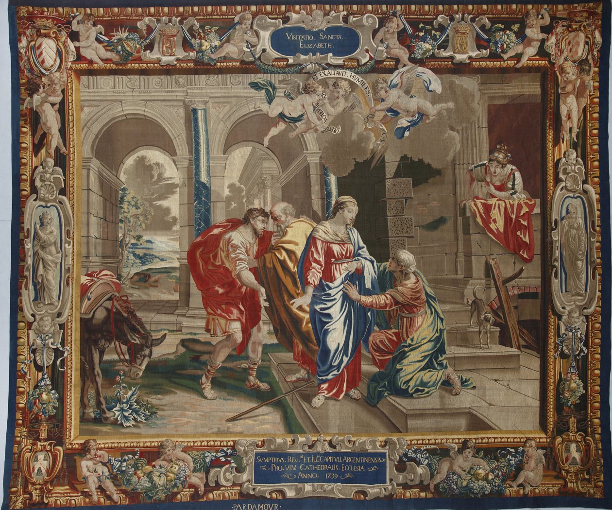 Jungfruns liv: "The Visitation"" Marias besök hos Elisabeth, Joseph och Zacharie bakom dem - Ull- och sidenväv gjord i Pierre Damours verkstad efter Charles Poersons teckningar (1609-1667) av Unbekannt