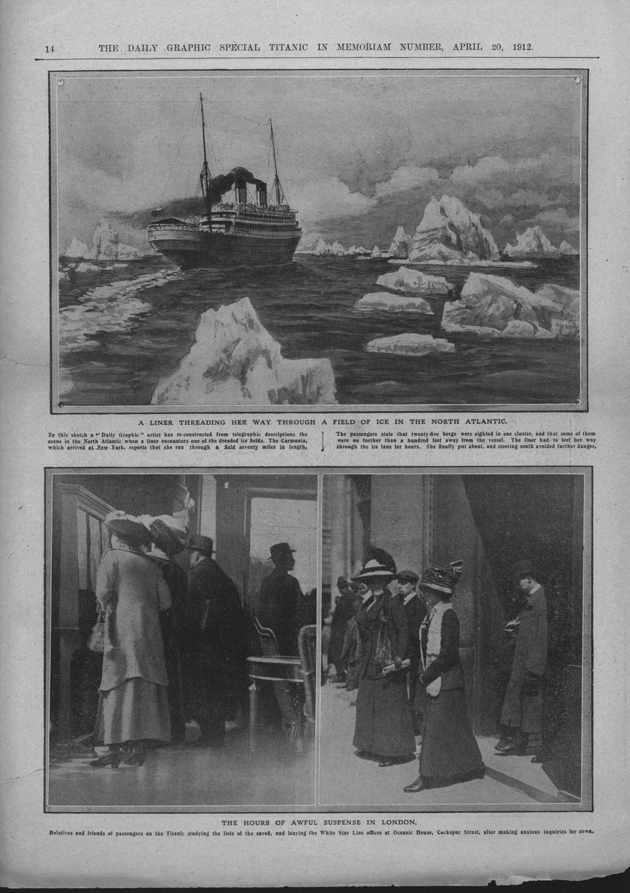 Liner i ett isfält och människor som väntar på nyheter om Titanic-katastrofen, 20 april 1912. av Unbekannt