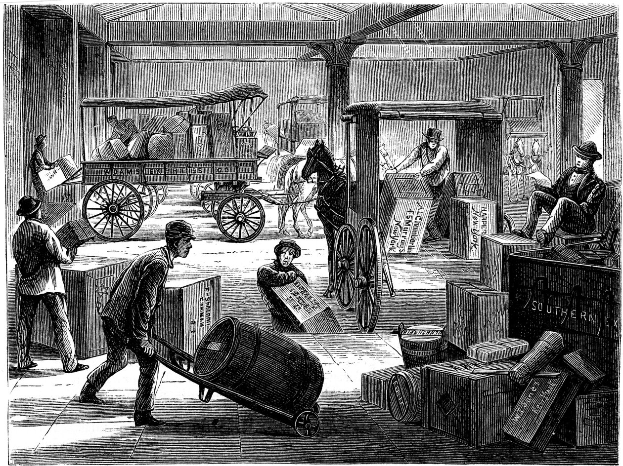 Lastar upp hästdragna skåpbilar på Wells Fargos allmänna kontor, New York, USA, 1875 av Unbekannt
