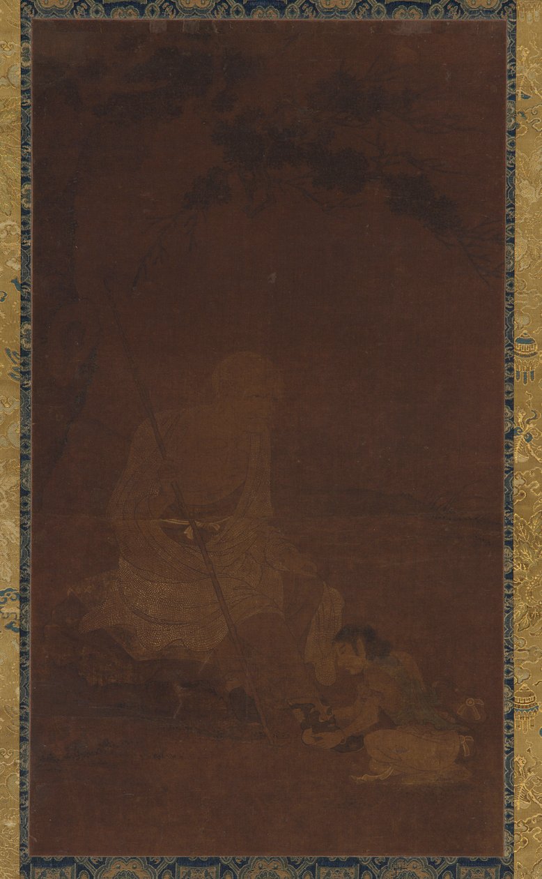 Lohan sittande, en skötare på knä framför honom, Yuan eller Mingdynastin, 1279-1644. av Unbekannt