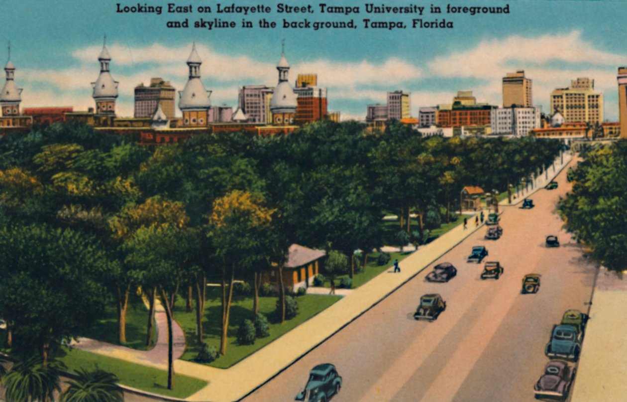 Ser österut på Lafayette Street, Tampa University och skyline, Tampa, Florida, c1940-talet av Unbekannt