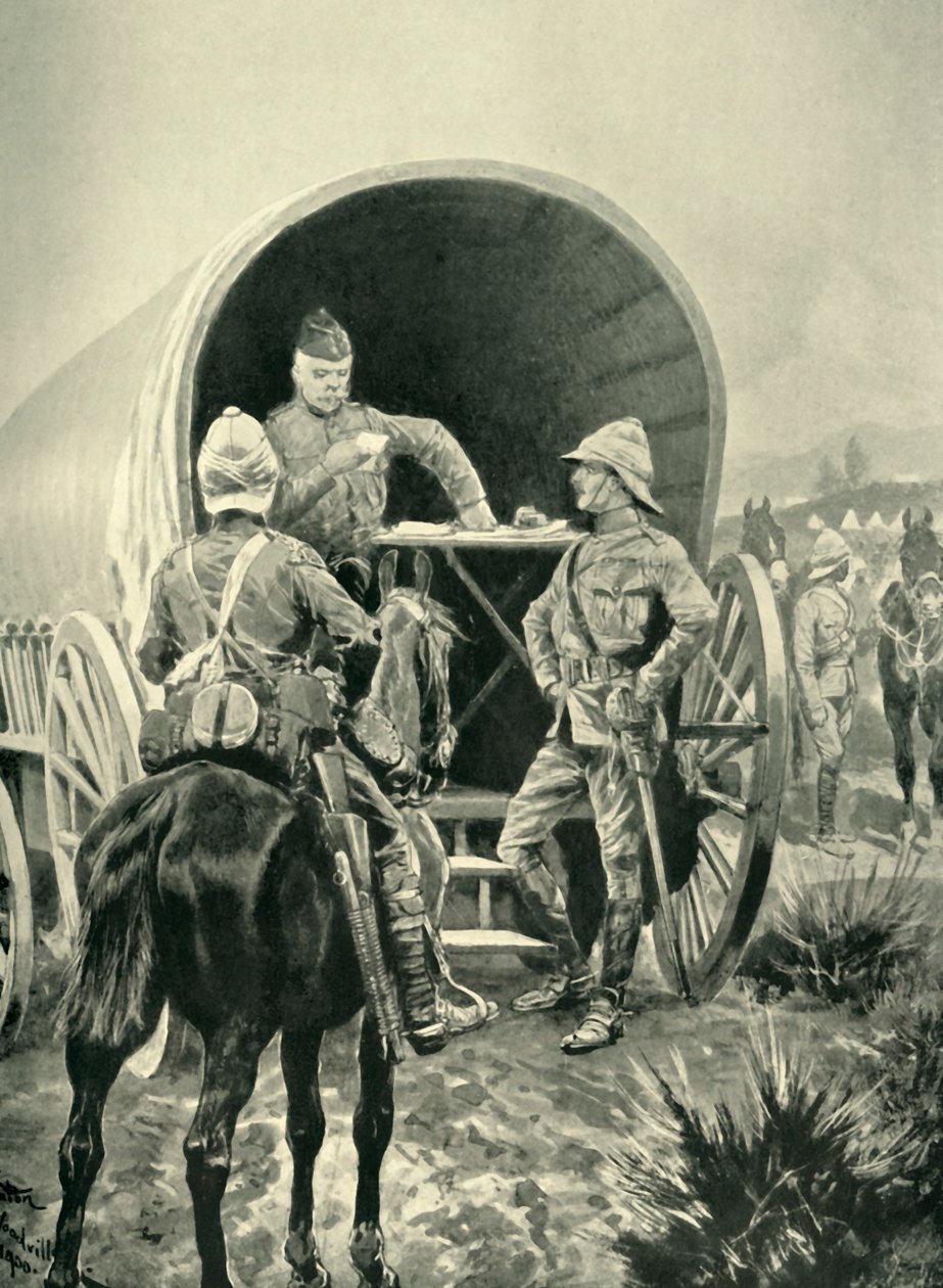 Lord Roberts skriver meddelanden i transportvagnen som han sov i, 1901. av Unbekannt