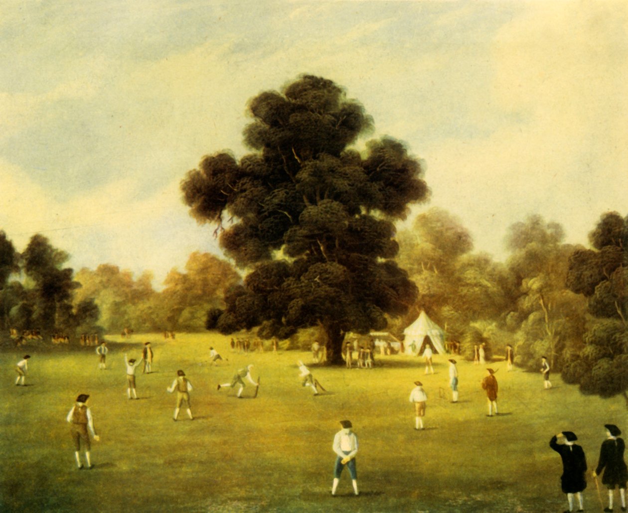 "Lords and Gentlemen of Surrey och Kent spelar cricket på Knole Park, Kent, 1775", 1947. av Unbekannt