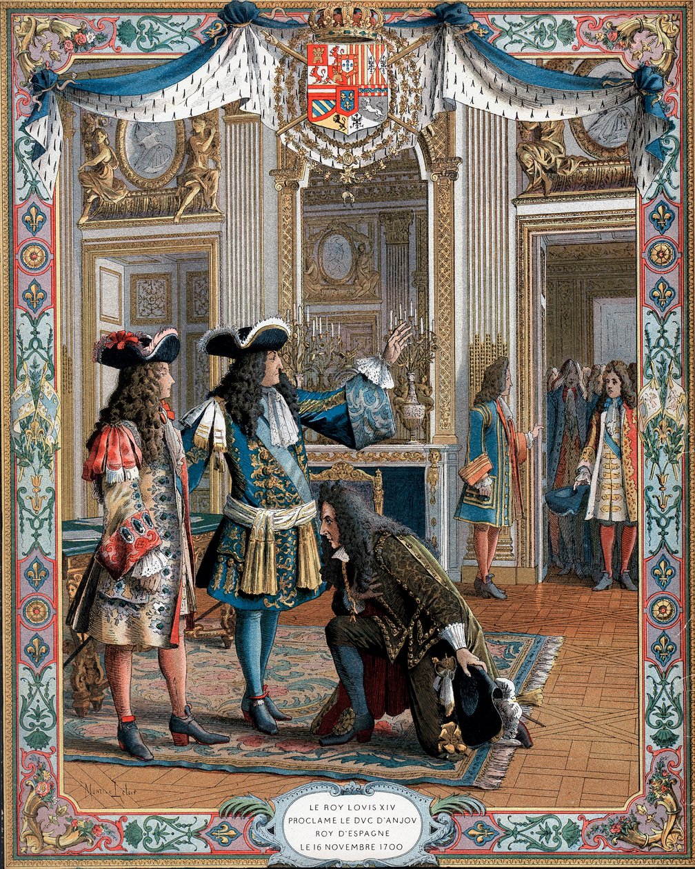 Ludvig XIV utropar hertig dAnjou till kung av Spanien, tronföljdskriget, 1700 1800-talet av Unbekannt
