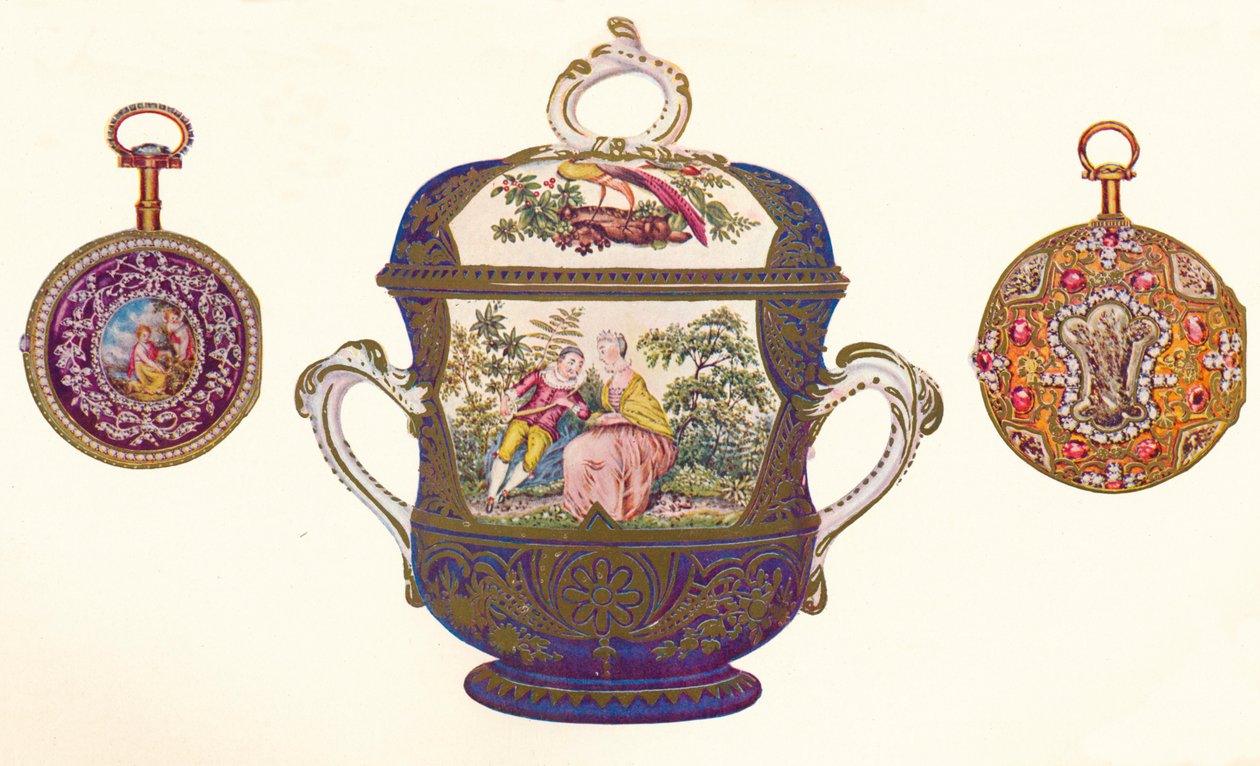 Ludvig XVI. Guldrepeterare, c.1770, Old Chelsea Porslins-porringer och omslag, c.1710, 1903 av Unbekannt
